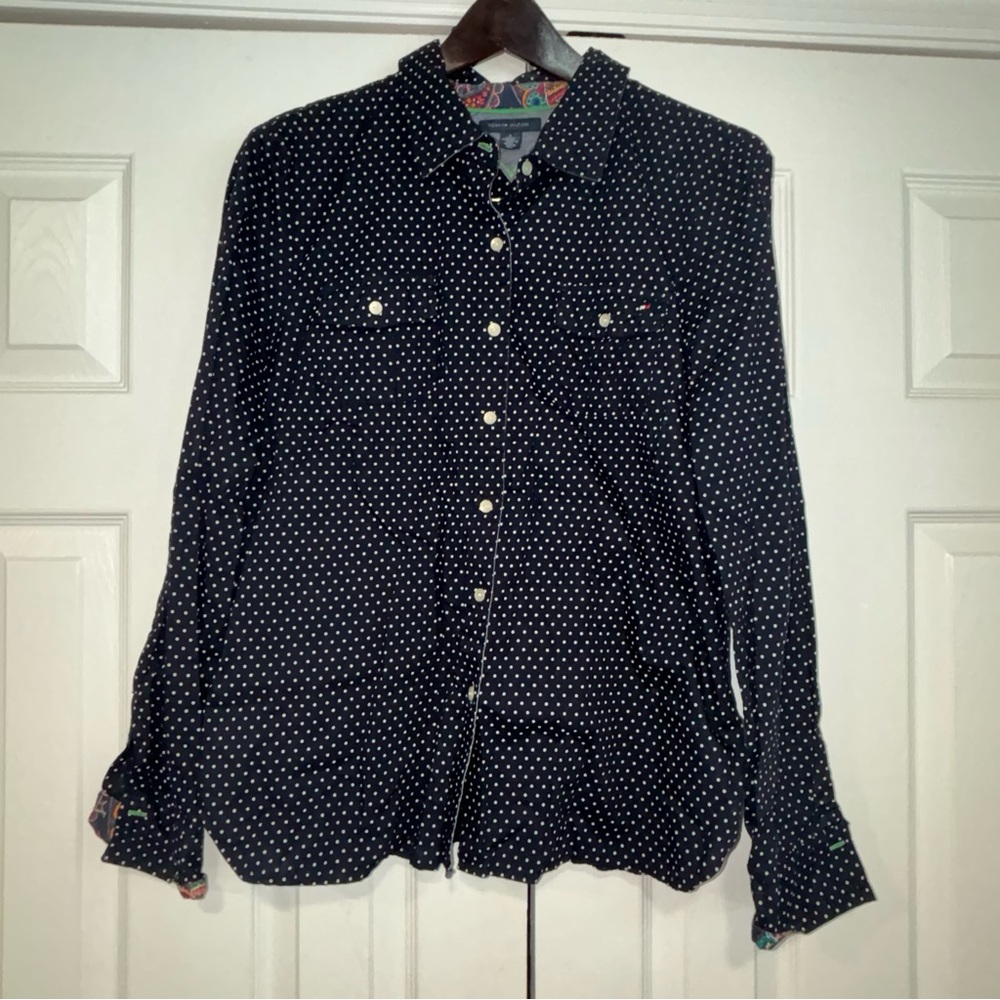Tommy Hilfiger Women’s XL Blue & White Polka Dot Long Sleeve Button Up Shirt